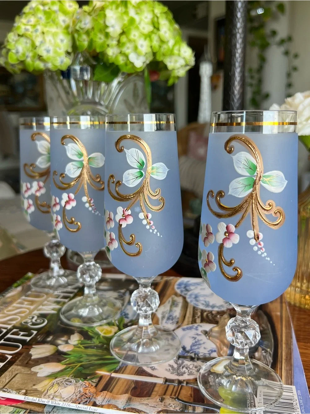 Vtg Czech Crystal Blue Frosted Floral Champagne Glasses - Set of 4